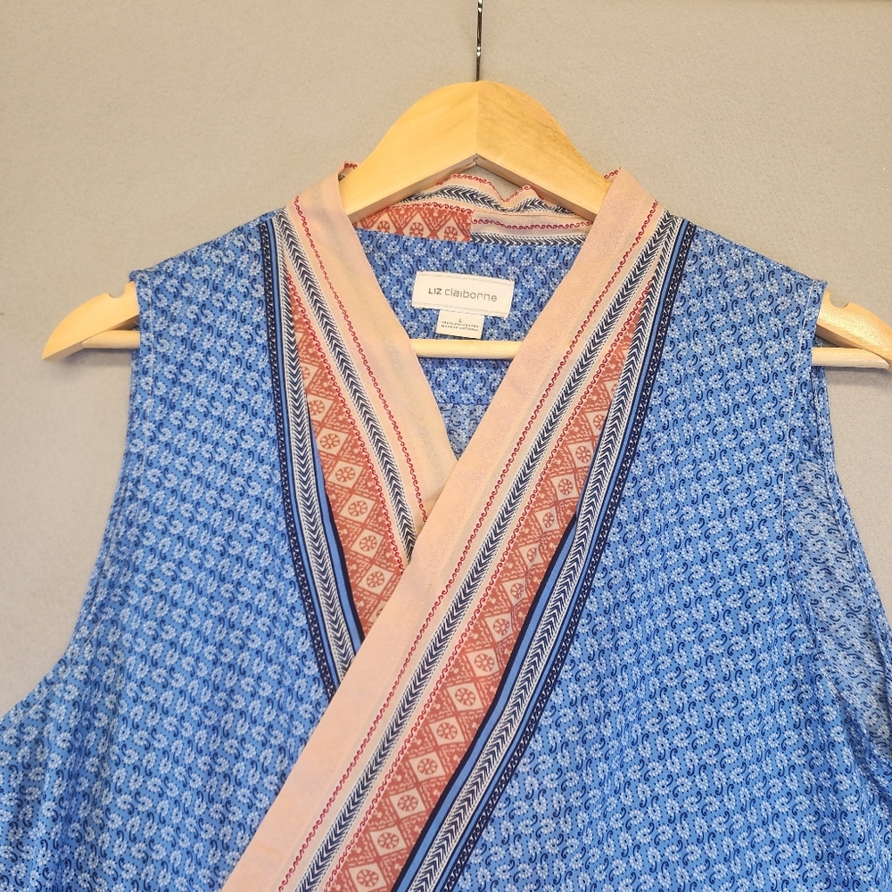 Liz Claiborne Blue Mixed Print Sleeveless Wrap Blouse Boho V-Neck Top Large L - Picture 3 of 14